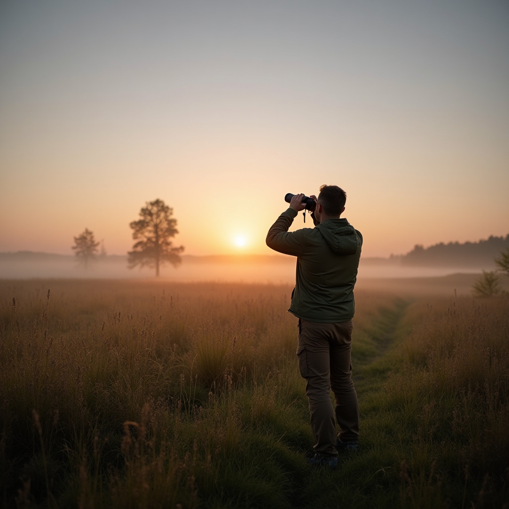 Birdwatcher obserwujący ptaki przez lornetkę na łące o świcie
