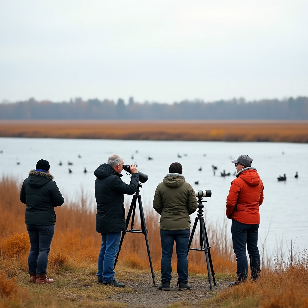 Grupa birdwatcherów obserwująca ptaki na rozlewisku z lunetami na statywach